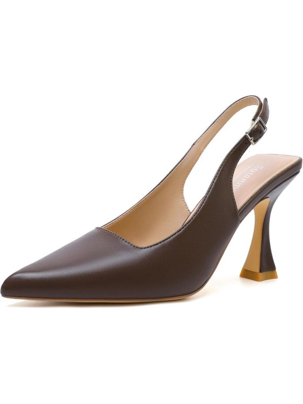 Women's Brown Pu Slingback Kitten Pump Closed Pointy Toe Chunky Heel Shoes